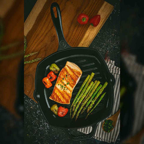 Victoria Cast Iron Grill Pan. Square Grill Pan, Seasoned with 100% Kosher Certified Non-GMO Flaxseed Oil, Black